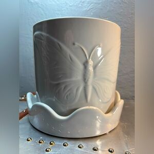 White Ceramic Butterfly Planter with Attached Saucer